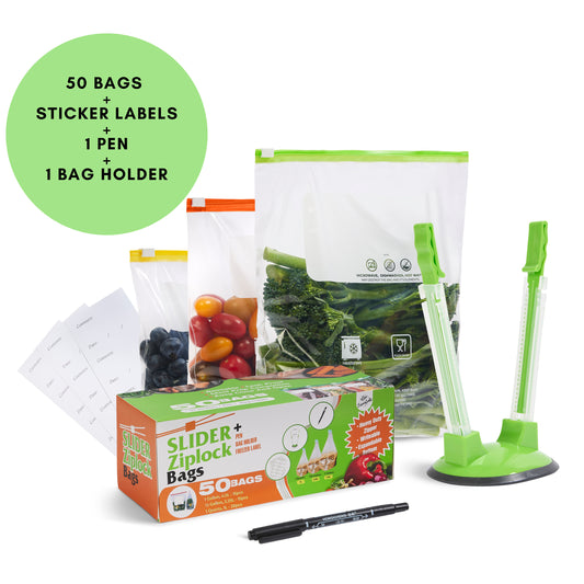 2Cee Essentials Slider Ziplock Bags (50-Pcs), Reusable Freezer Bags Set – Large, Medium, Small Plastic Bags (4.5L, 2.25L & 1L), 50 sticker Labels, bag holder, & Pen – BPA-Free, Food Storage Bags